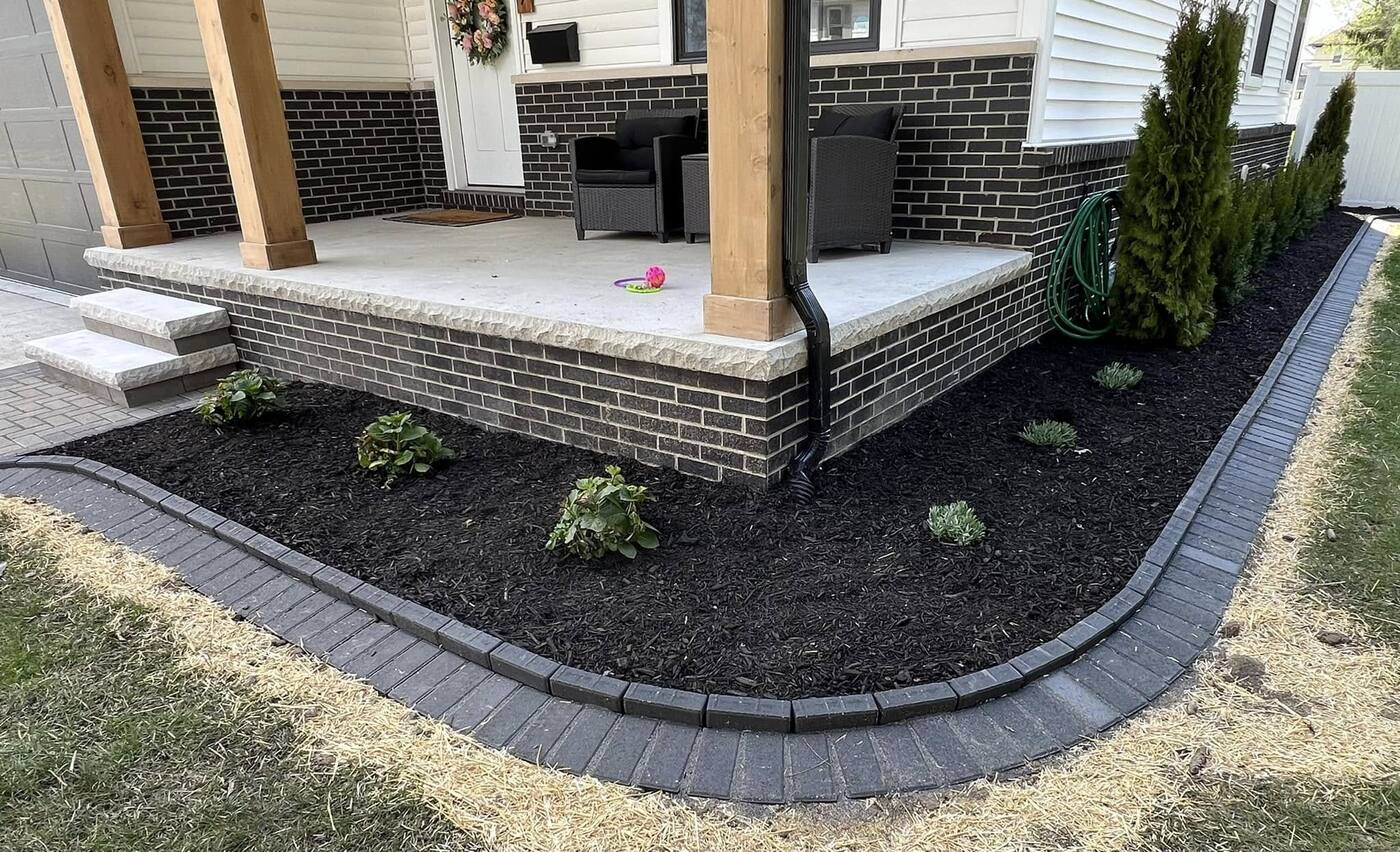 Brick paver edging around a porch bed